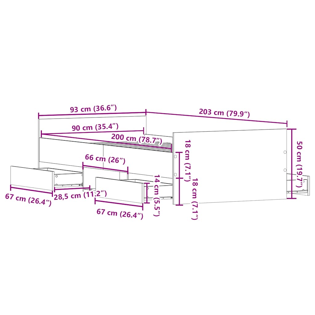 szürke sonoma színű ágykeret fej- és lábtámlával 90 x 200 cm