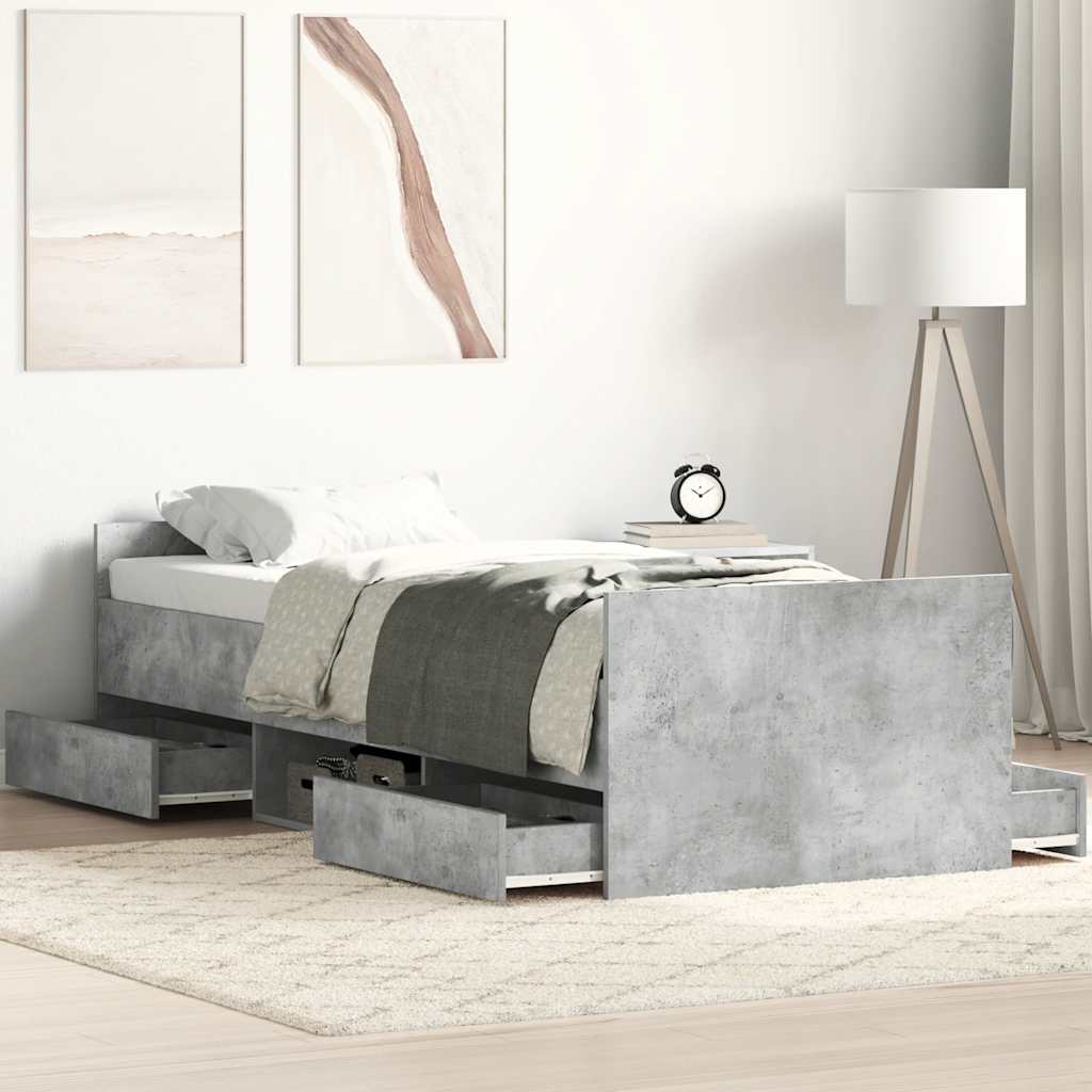 betonszürke ágykeret fej- és lábtámlával 90 x 190 cm