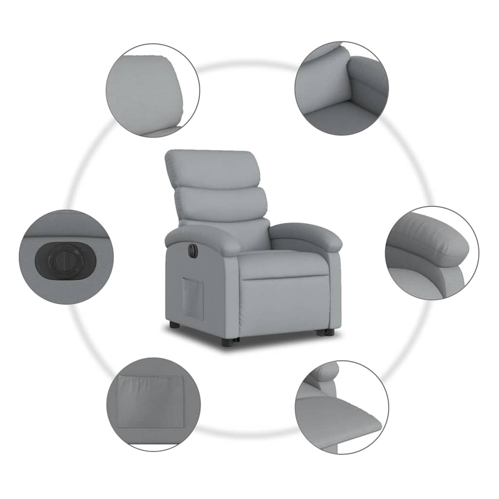elektromos felállást segítő világosszürke szövet dönthető fotel