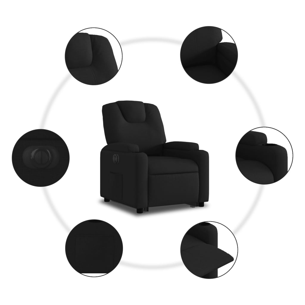 elektromos felállást segítő fekete szövet dönthető fotel