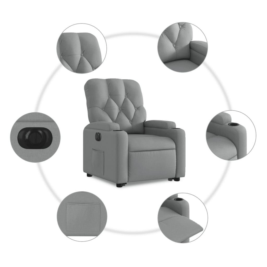 elektromos felállást segítő világosszürke szövet dönthető fotel