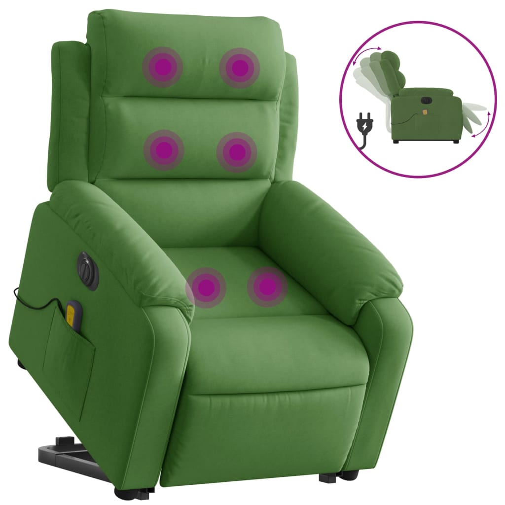 elektromos felállást segítő világoszöld bársony masszázsfotel