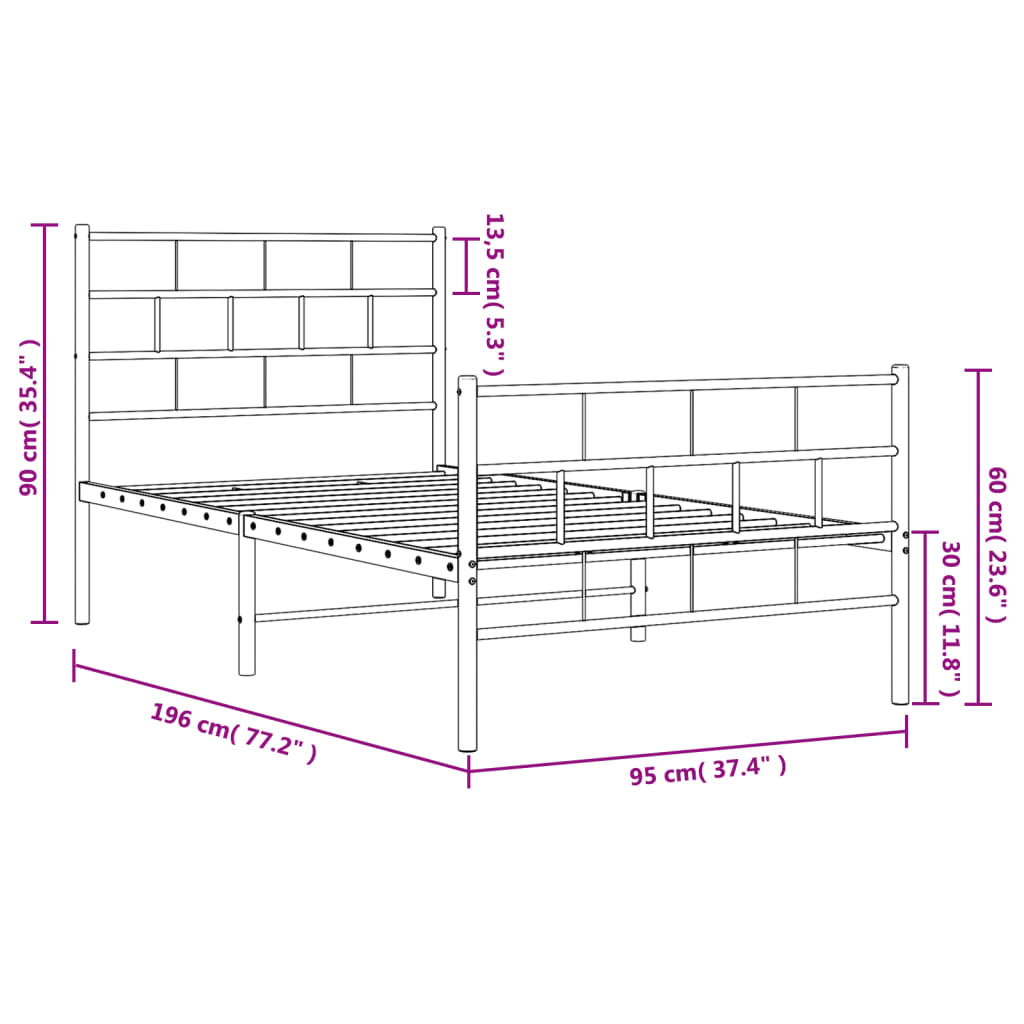 fekete fém ágykeret fej- és lábtámlával 90 x 190 cm
