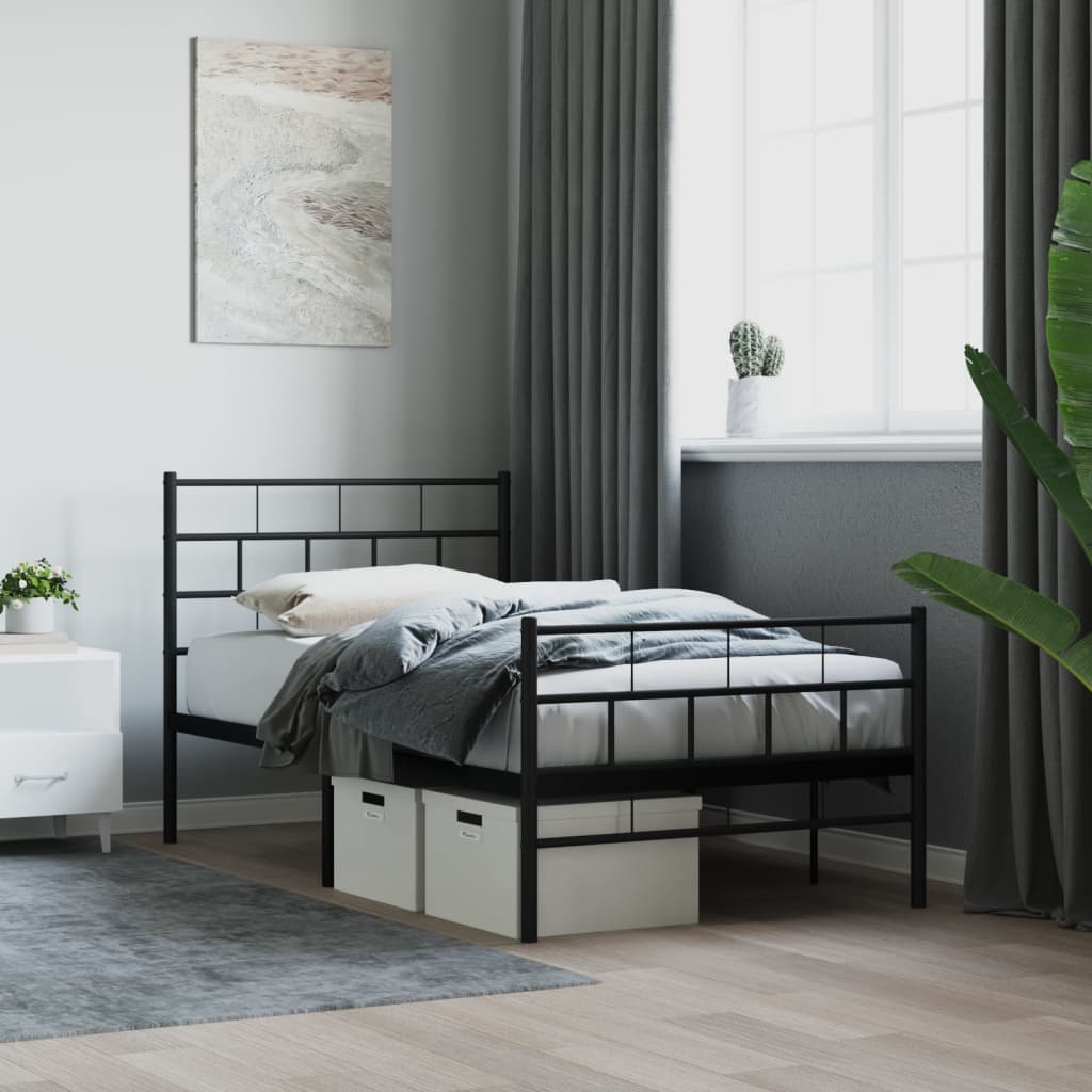fekete fém ágykeret fej- és lábtámlával 90 x 190 cm