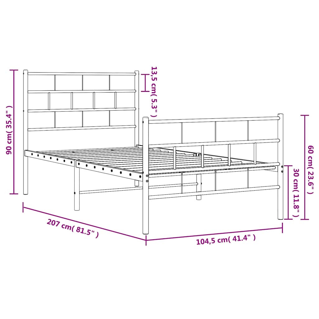 fekete fém ágykeret fej- és lábtámlával 100 x 200 cm