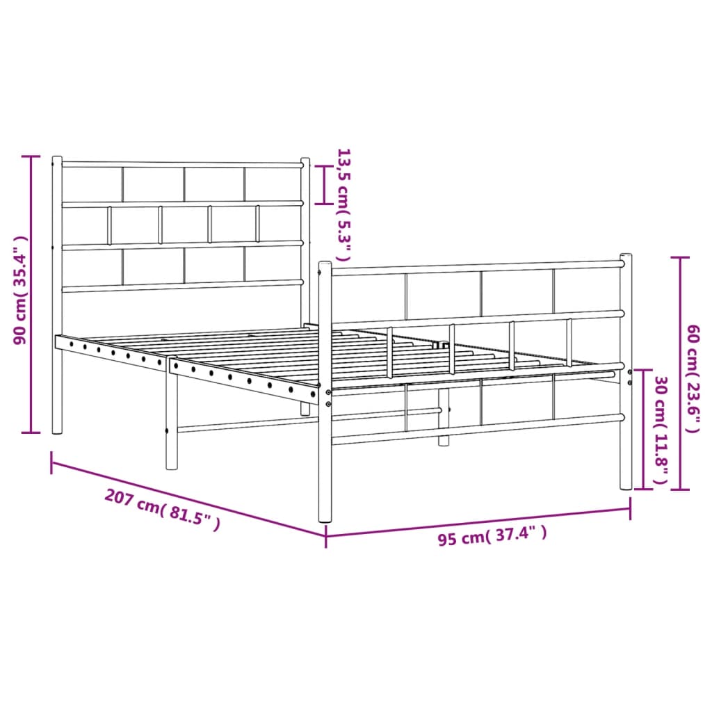 fehér fém ágykeret fej- és lábtámlával 90x200 cm