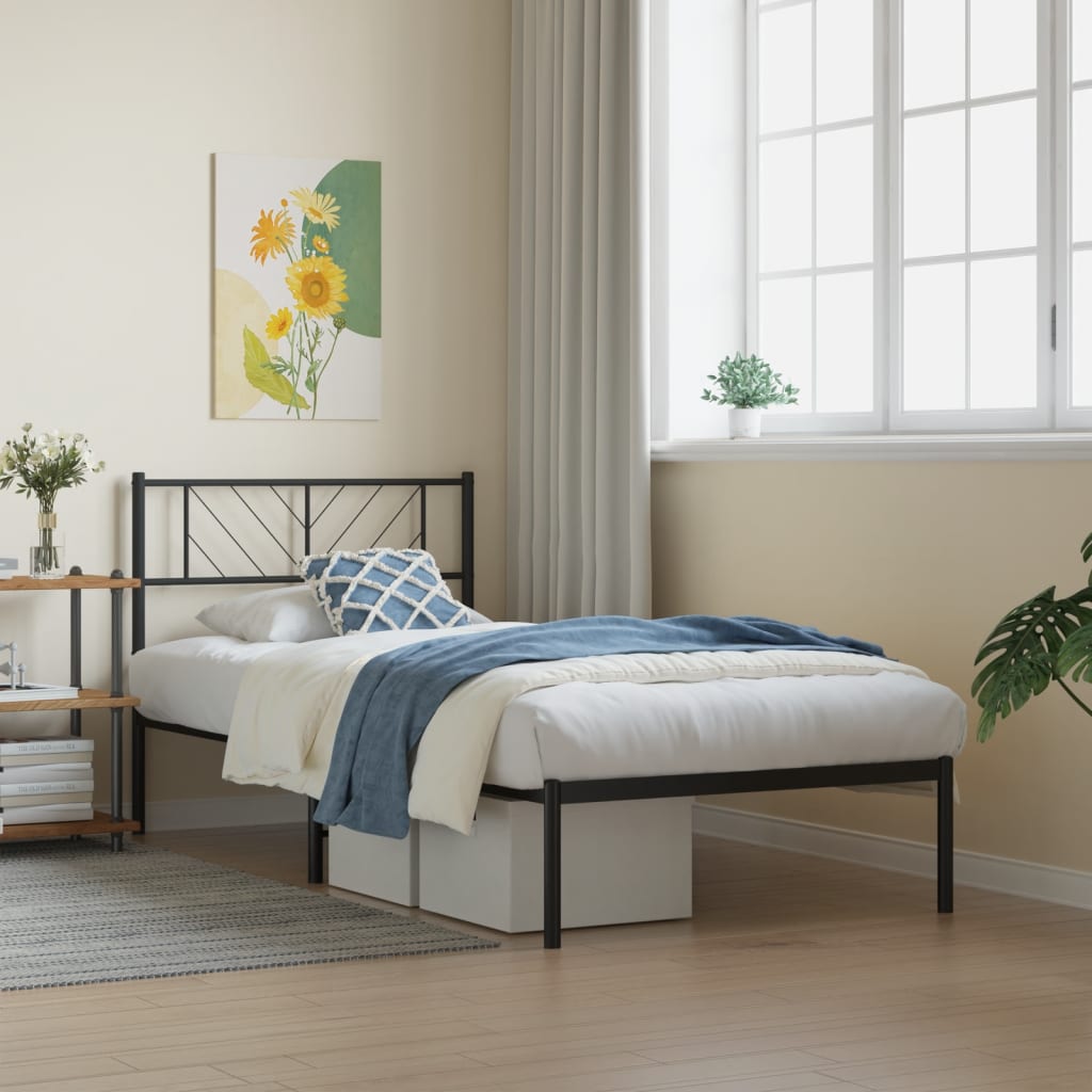 fekete fém ágykeret fejtámlával 90 x 200 cm