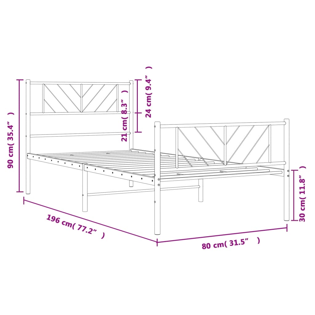 fekete fém ágykeret fej- és lábtámlával 75 x 190 cm