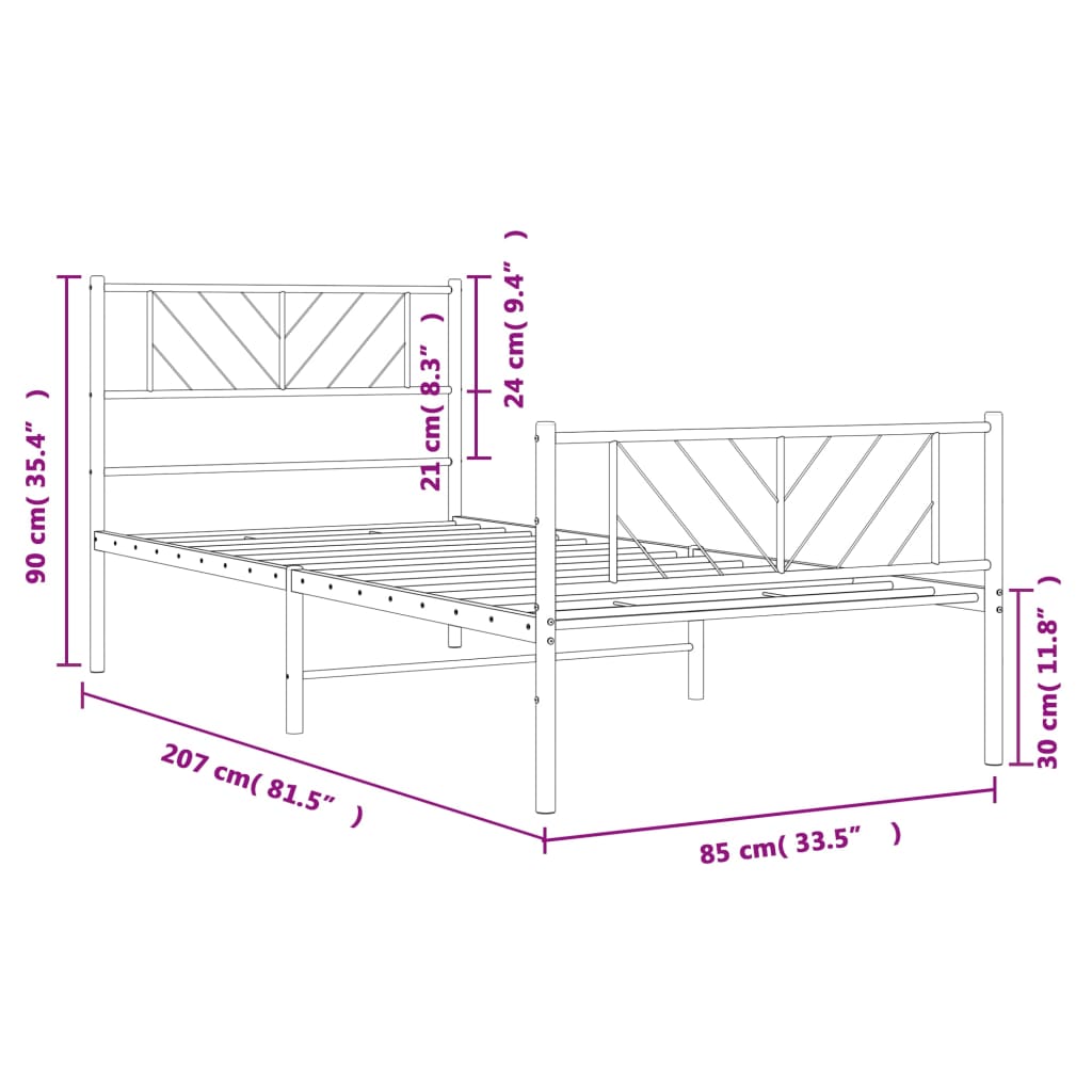 fekete fém ágykeret fej- és lábtámlával 80 x 200 cm