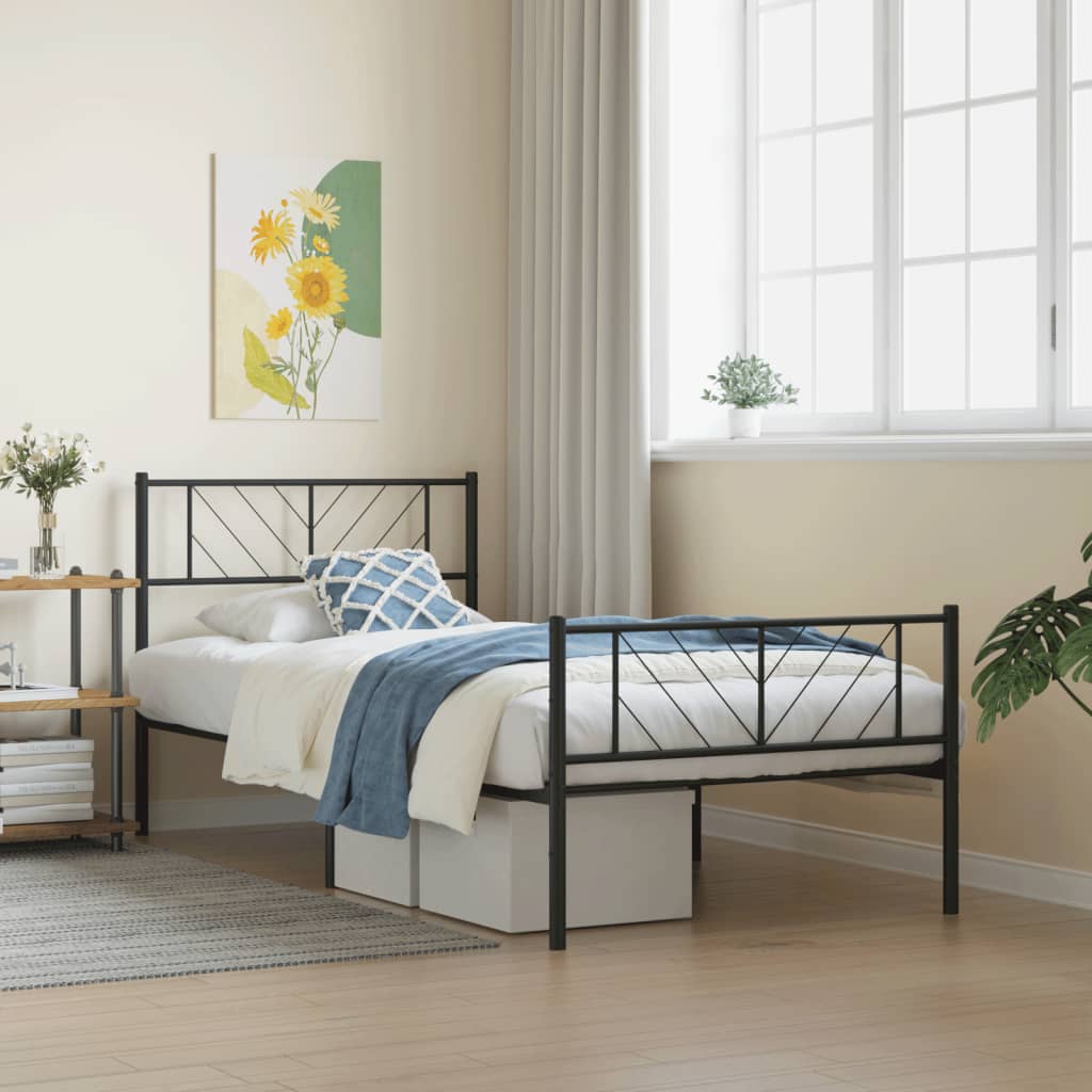 fekete fém ágykeret fej- és lábtámlával 90 x 200 cm