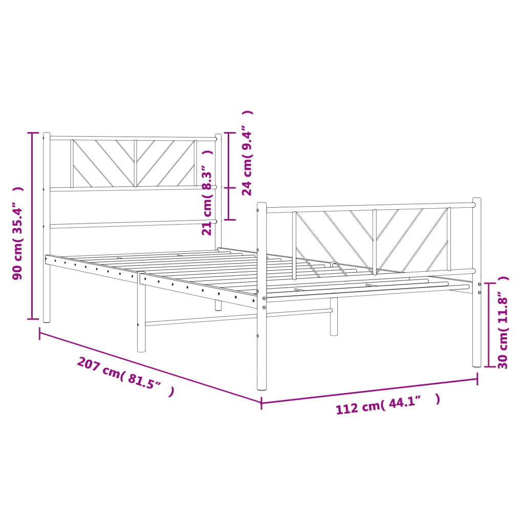 fehér fém ágykeret fej- és lábtámlával 107 x 203 cm
