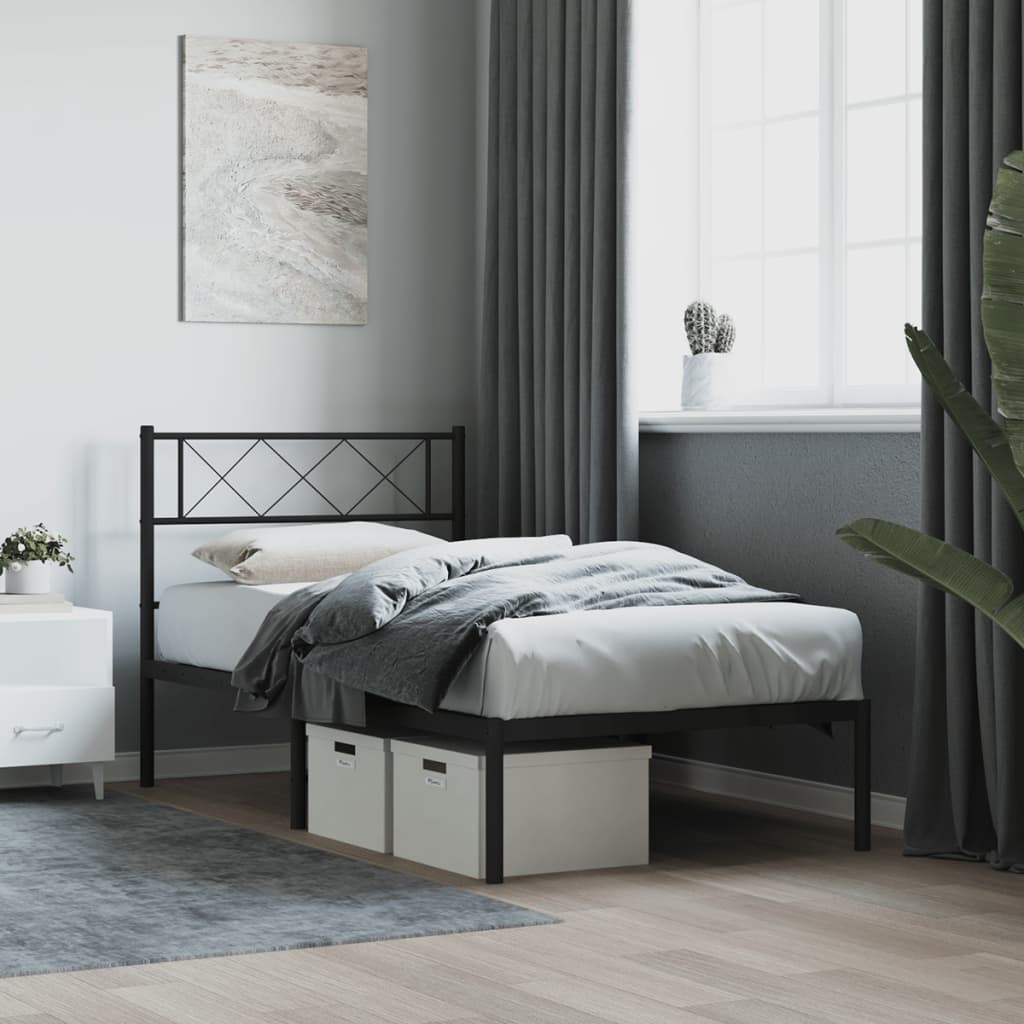 fekete fém ágykeret fejtámlával 107 x 203 cm