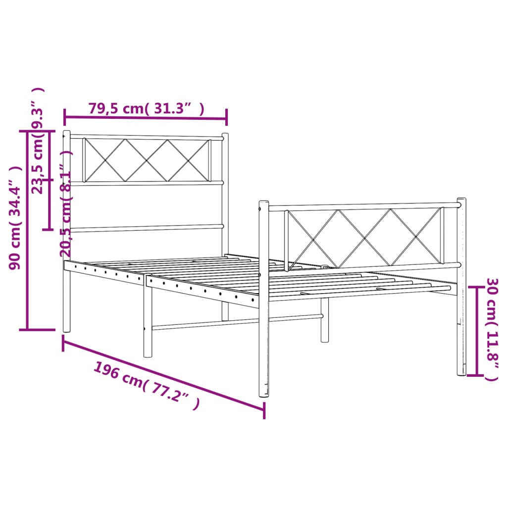 fekete fém ágykeret fej- és lábtámlával 75 x 190 cm