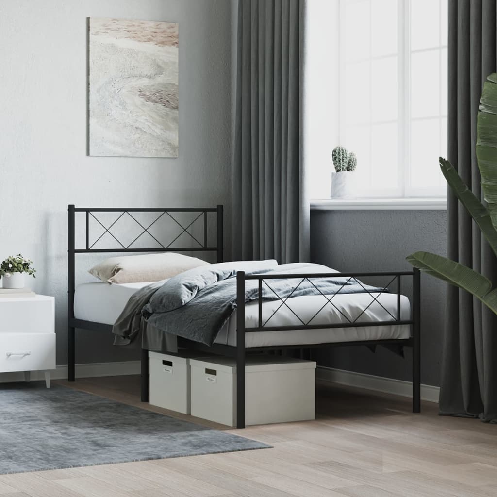 fekete fém ágykeret fej- és lábtámlával 90 x 200 cm