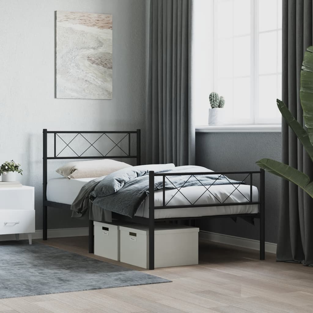 fekete fém ágykeret fej- és lábtámlával 107 x 203 cm