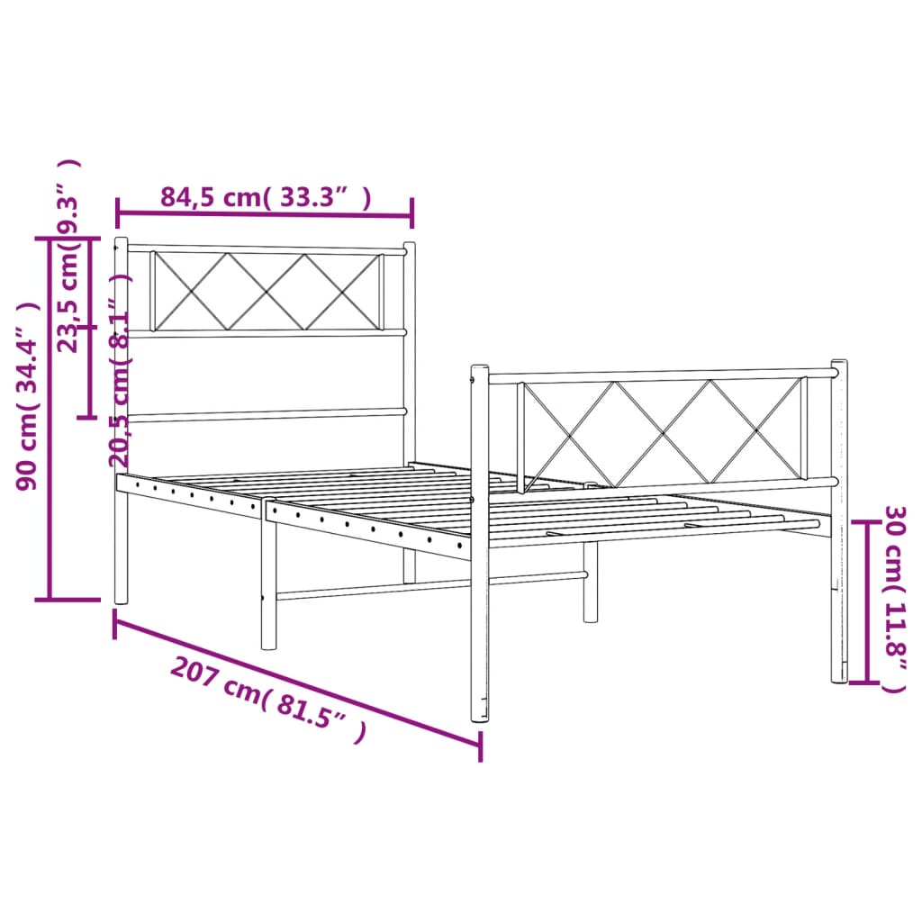fehér fém ágykeret fej- és lábtámlával 80x200 cm