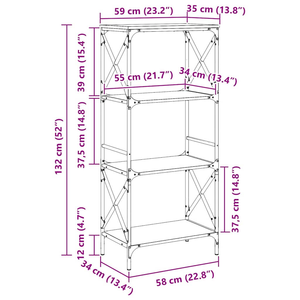 4 szintes fekete szerelt fa könyvespolc 59 x 35 x 132 cm