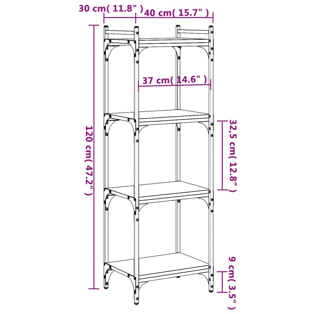 4 szintes fekete szerelt fa könyvespolc 40 x 30 x 120 cm