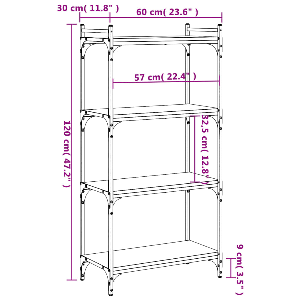 4 szintes füstölt tölgy szerelt fa könyvespolc 60 x 30 x 120 cm
