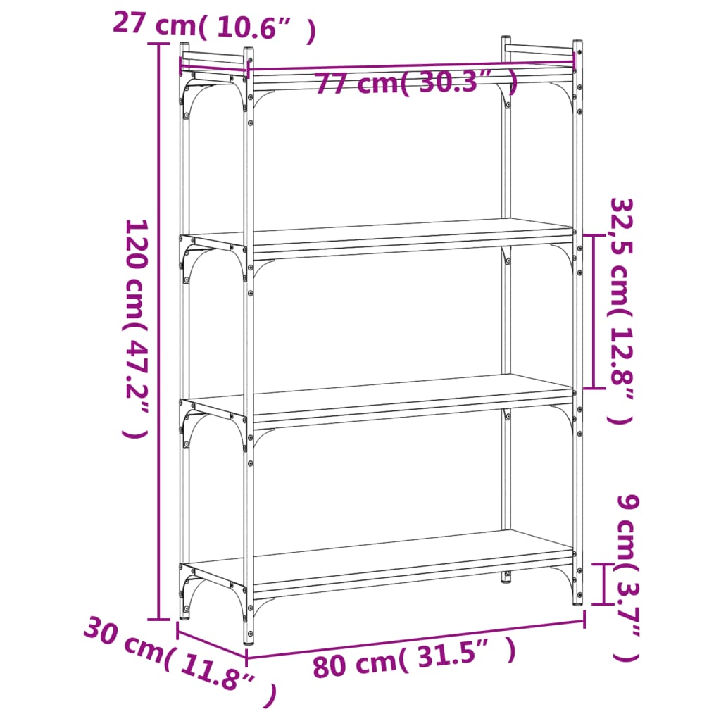 4 szintes szürke sonoma szerelt fa könyvespolc 80 x 30 x 120 cm