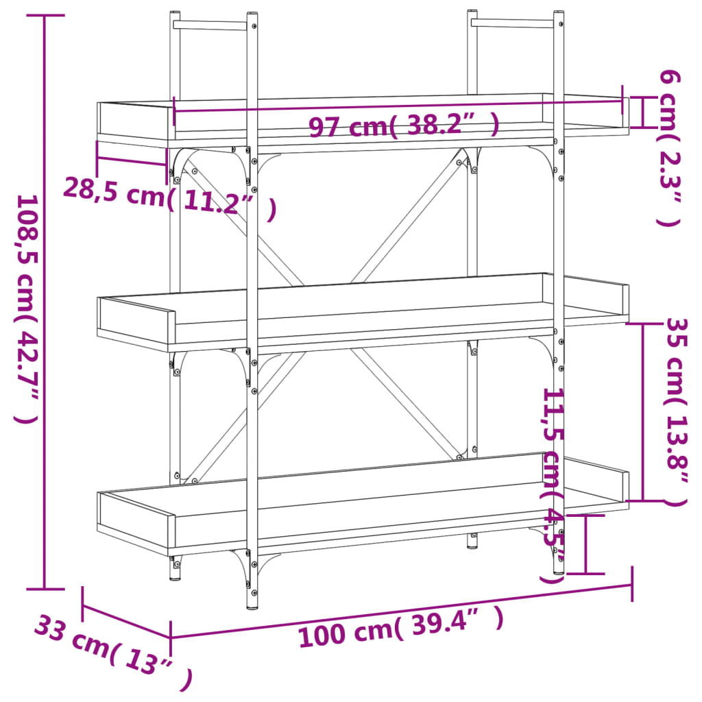 3-szintes barna tölgy szerelt fa könyvespolc 100x33x108,5 cm