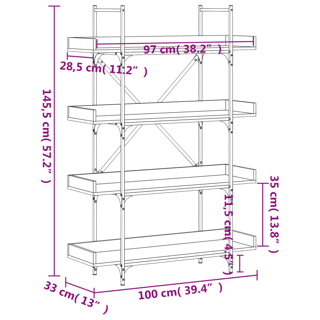 4 szintes füstös tölgy szerelt fa könyvespolc 100x33x145,5 cm