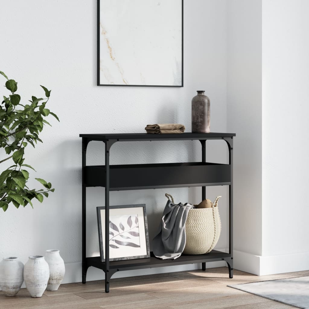 fekete szerelt fa tálalóasztal polccal 75x29x75 cm