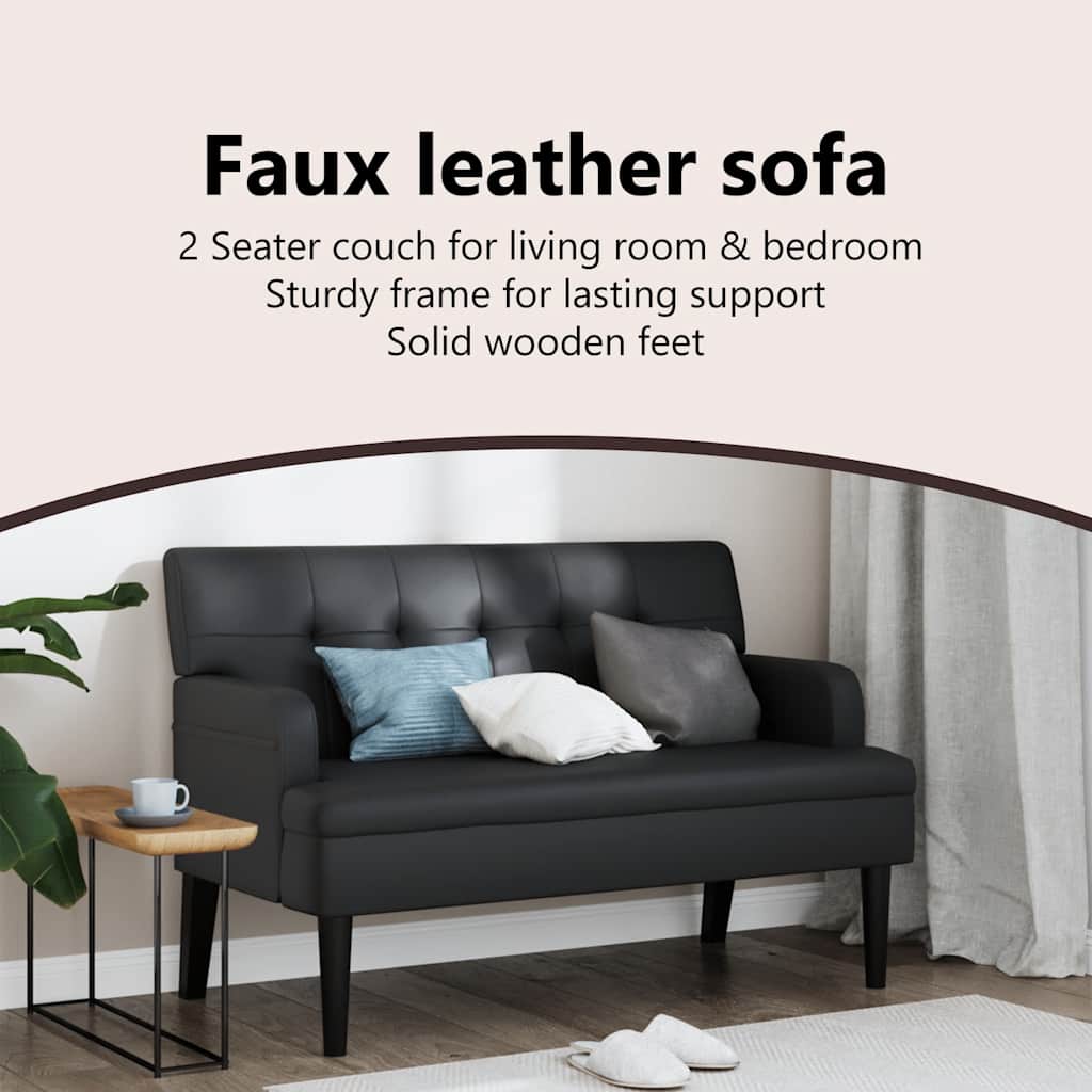 fekete műbőr pad háttámlával 112 x 65,5 x 75 cm
