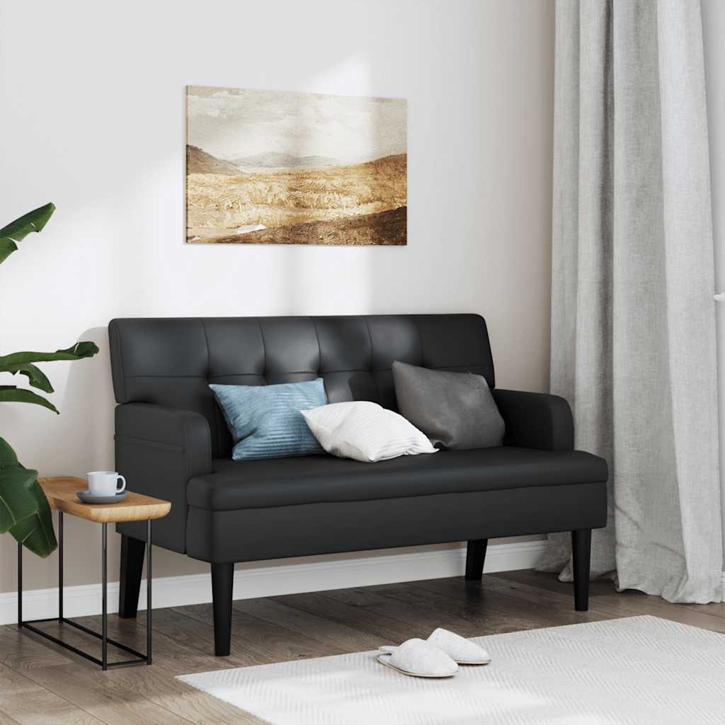 fekete műbőr pad háttámlával 112 x 65,5 x 75 cm
