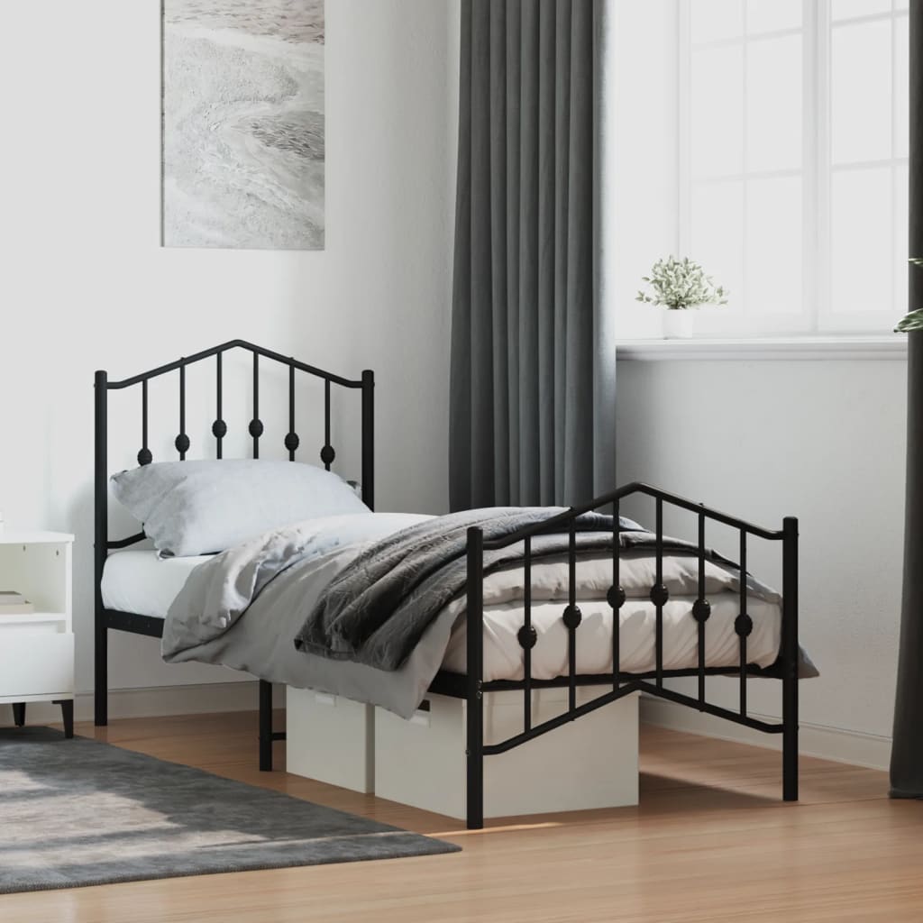 fekete fém ágykeret fej- és lábtámlával 75 x 190 cm