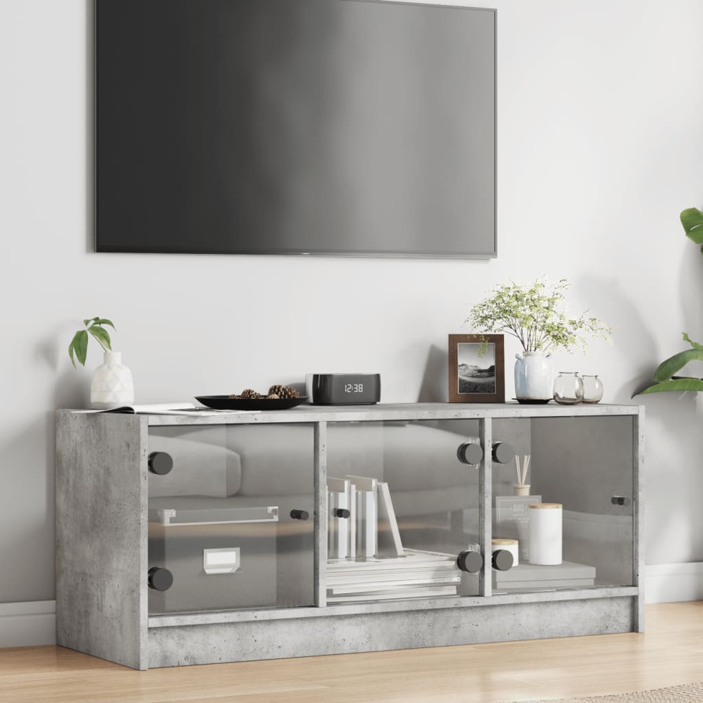 betonszürke TV-szekrény üvegajtókkal 102 x 37 x 42 cm
