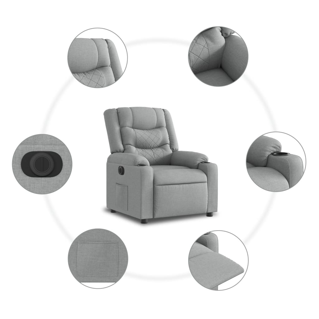 elektromos felállást segítő világosszürke szövet dönthető fotel