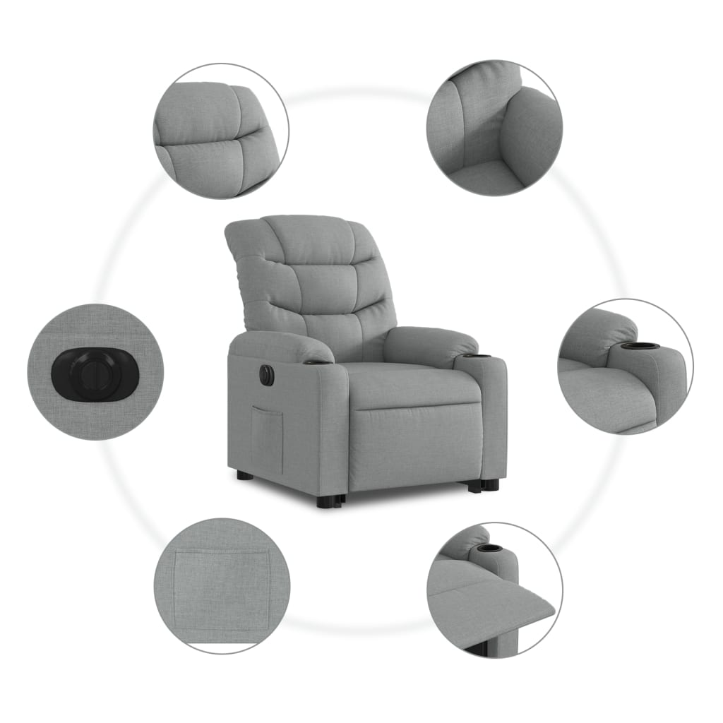 elektromos felállást segítő világosszürke szövet dönthető fotel