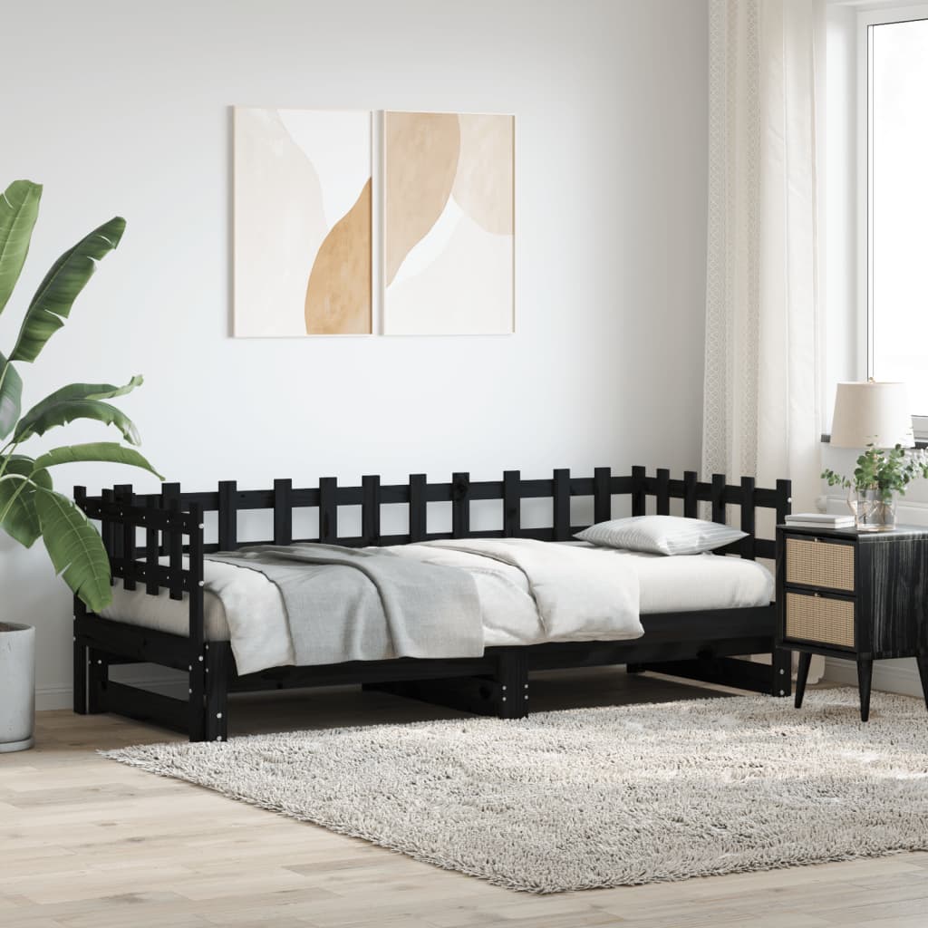 fekete tömör fenyőfa kihúzható kanapéágy 2 x (80 x 200) cm
