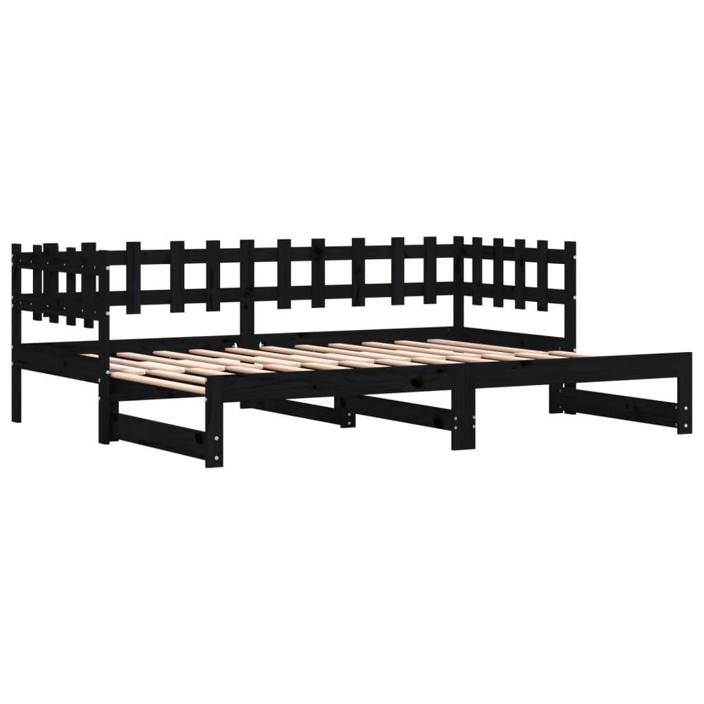 fekete tömör fenyőfa kihúzható kanapéágy 2 x (90 x 200) cm