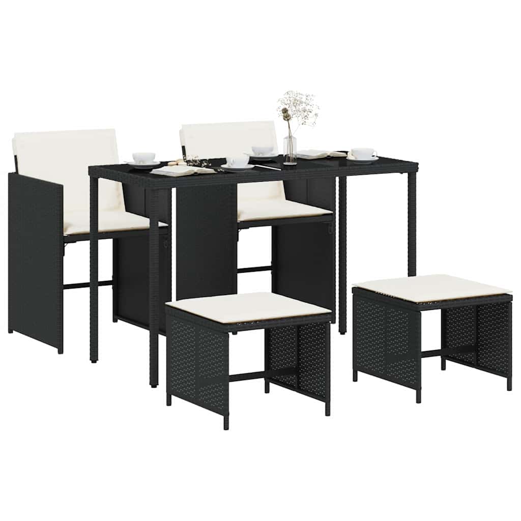 5 részes fekete polyrattan kerti étkezőgarnitúra párnákkal