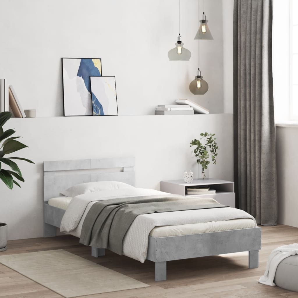 betonszürke szerelt fa ágykeret fejtámlával 100x200 cm