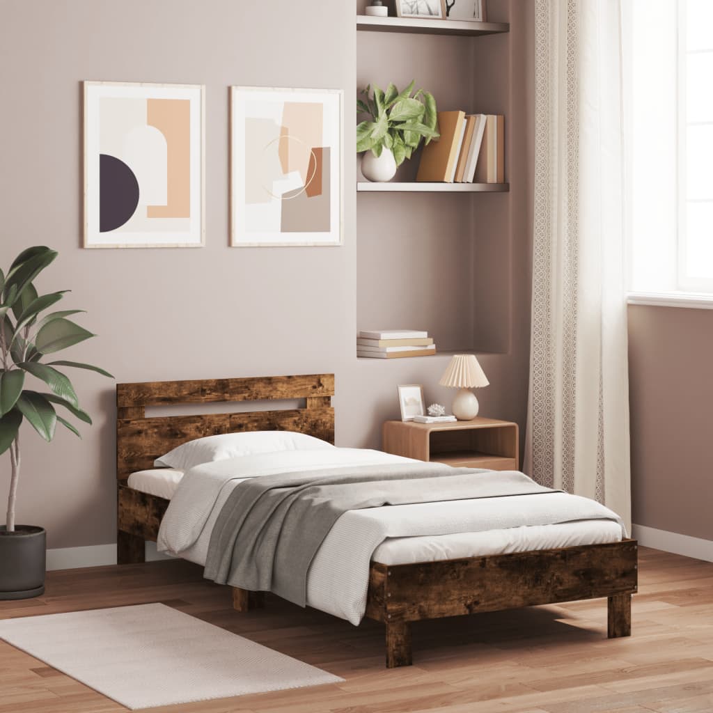 füstös tölgyszínű szerelt fa ágykeret fejtámlával 100 x 200 cm