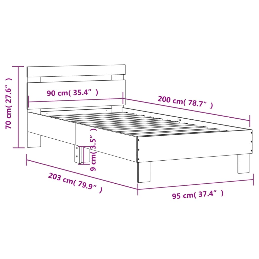 betonszürke szerelt fa ágykeret fejtámlával 90 x 200 cm
