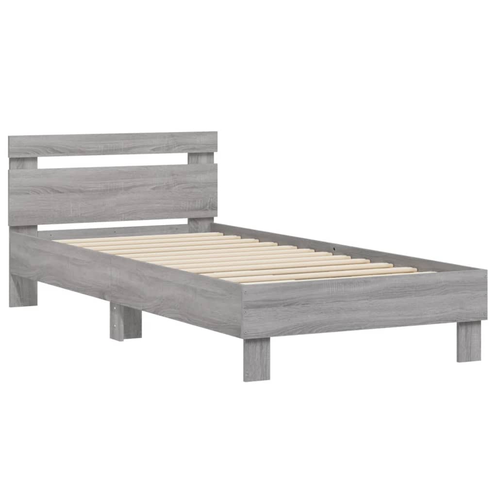 szürke sonoma színű szerelt fa ágykeret fejtámlával 90 x 200 cm