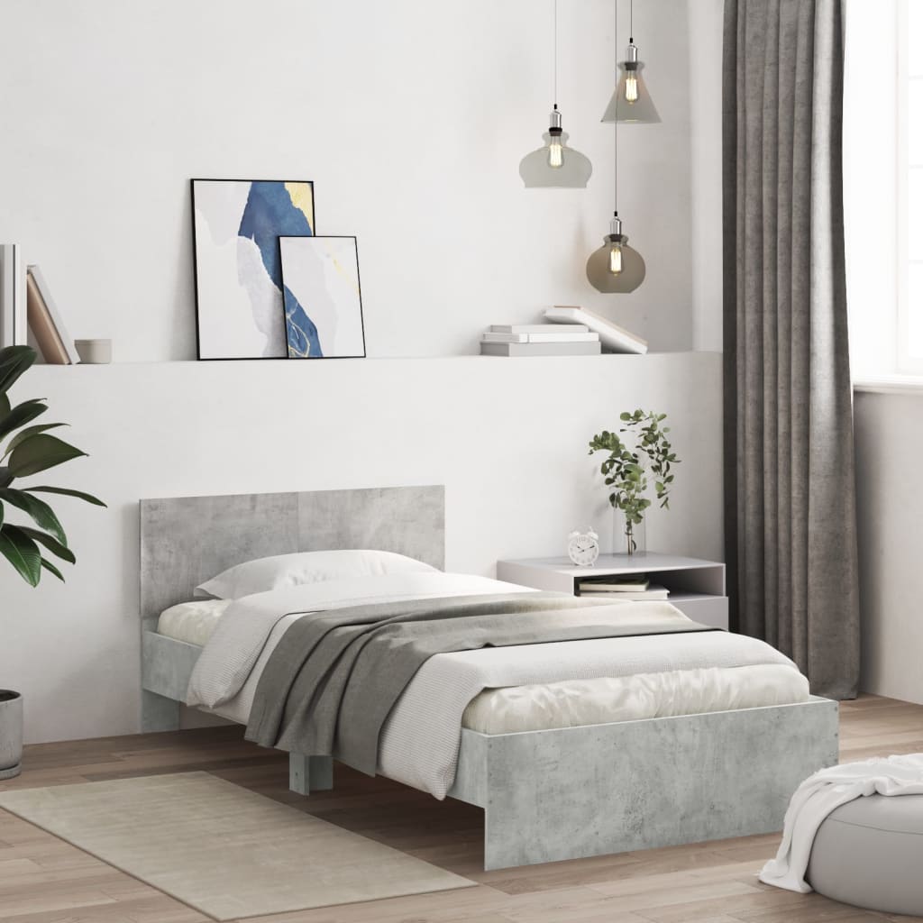 betonszürke szerelt fa ágykeret fejtámlával 100x200 cm