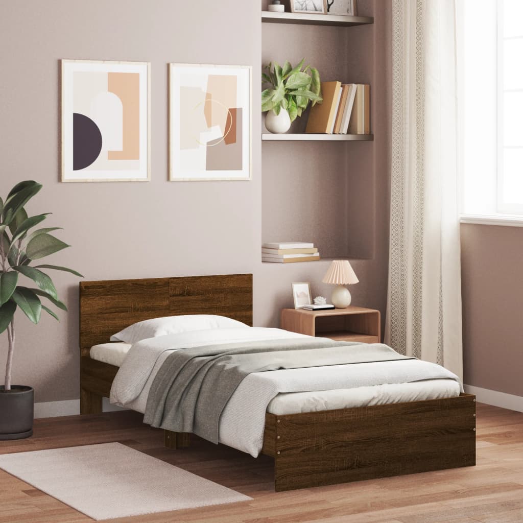 barna tölgy színű fejtámlás ágykeret matrac nélkül 100 x 200 cm