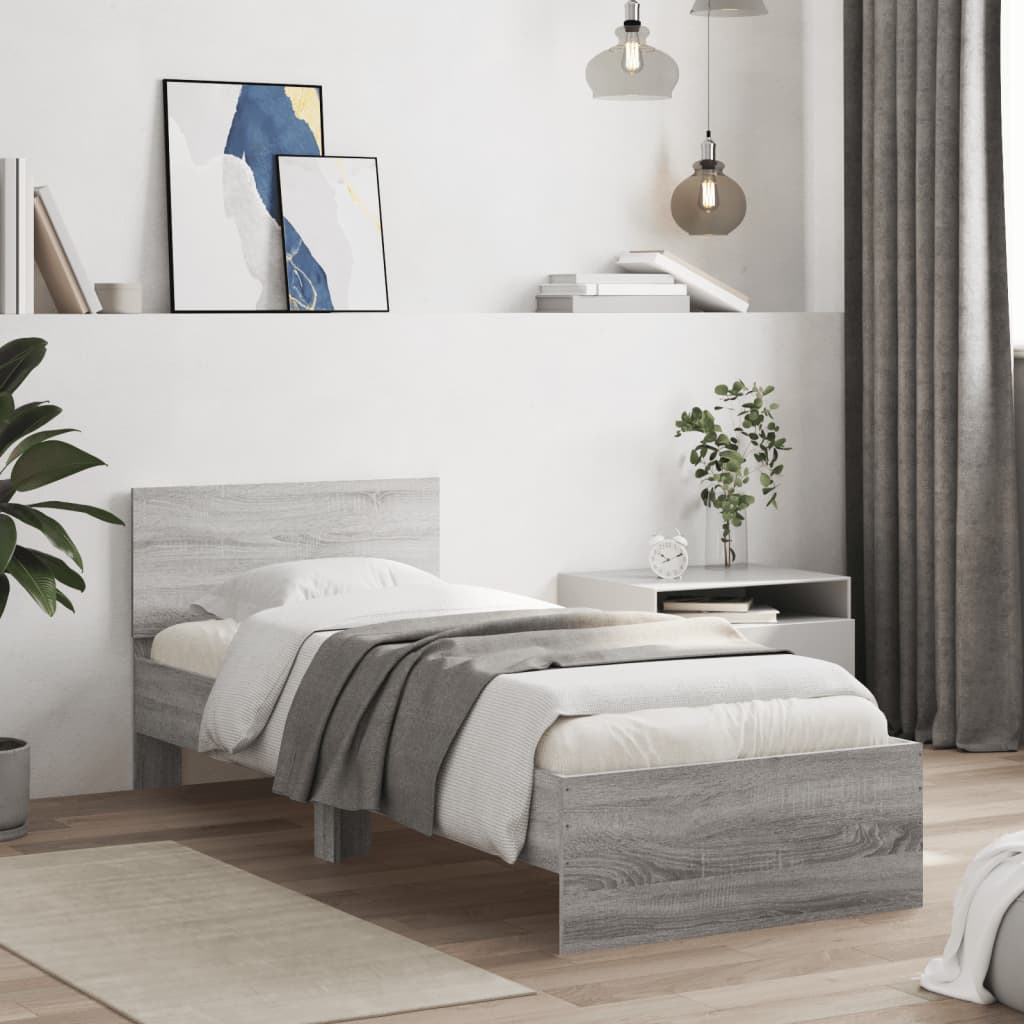 szürke sonoma színű szerelt fa ágykeret fejtámlával 90 x 200 cm
