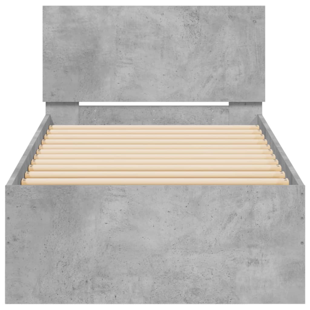 betonszürke szerelt fa ágykeret fejtámlával 90 x 190 cm