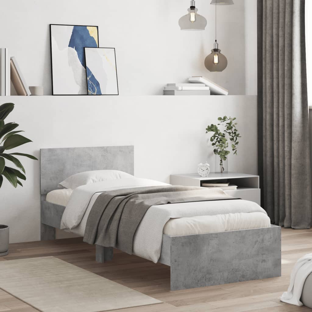 betonszürke szerelt fa ágykeret fejtámlával 90 x 190 cm