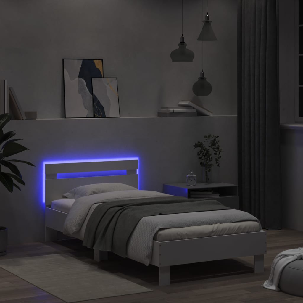 fehér ágykeret fejtámlával és LED-világítással 100 x 200 cm