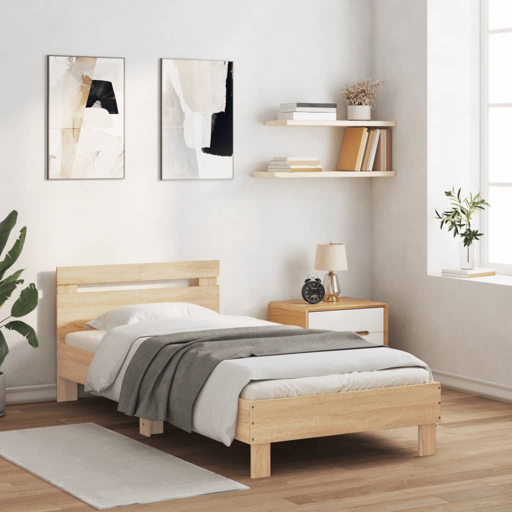 sonoma tölgy színű ágykeret fejtámlával és LED-ekkel 100x200 cm