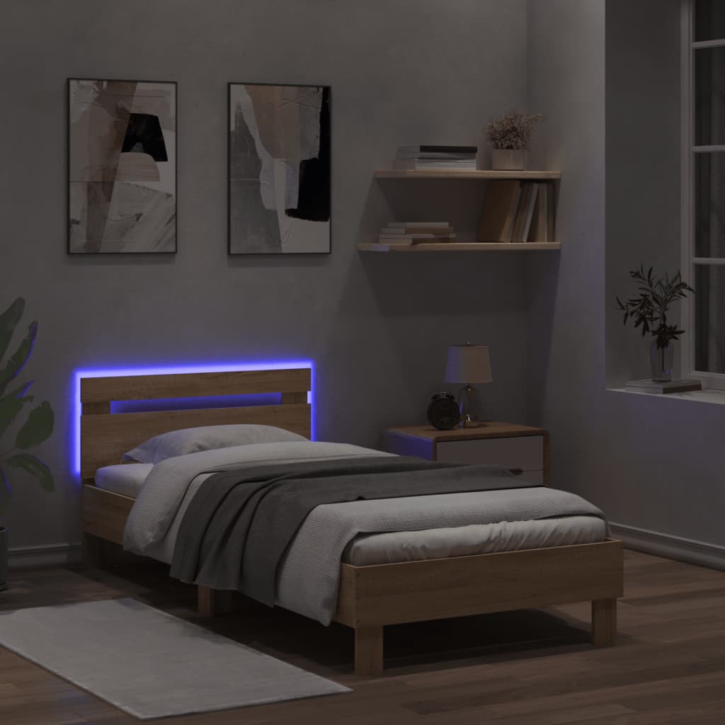 sonoma tölgy színű ágykeret fejtámlával és LED-ekkel 100x200 cm