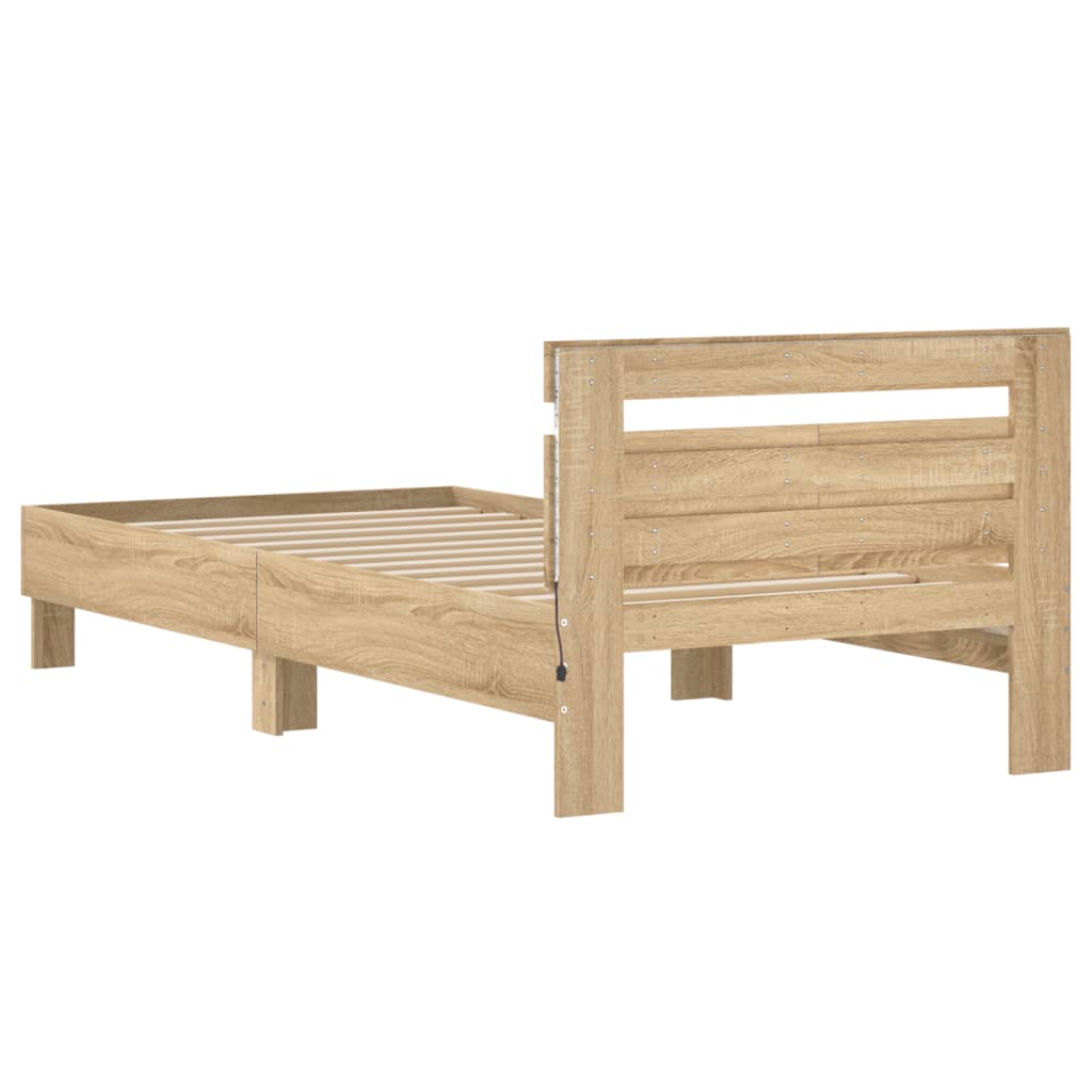 sonoma tölgy színű ágykeret fejtámlával és LED-ekkel 100x200 cm