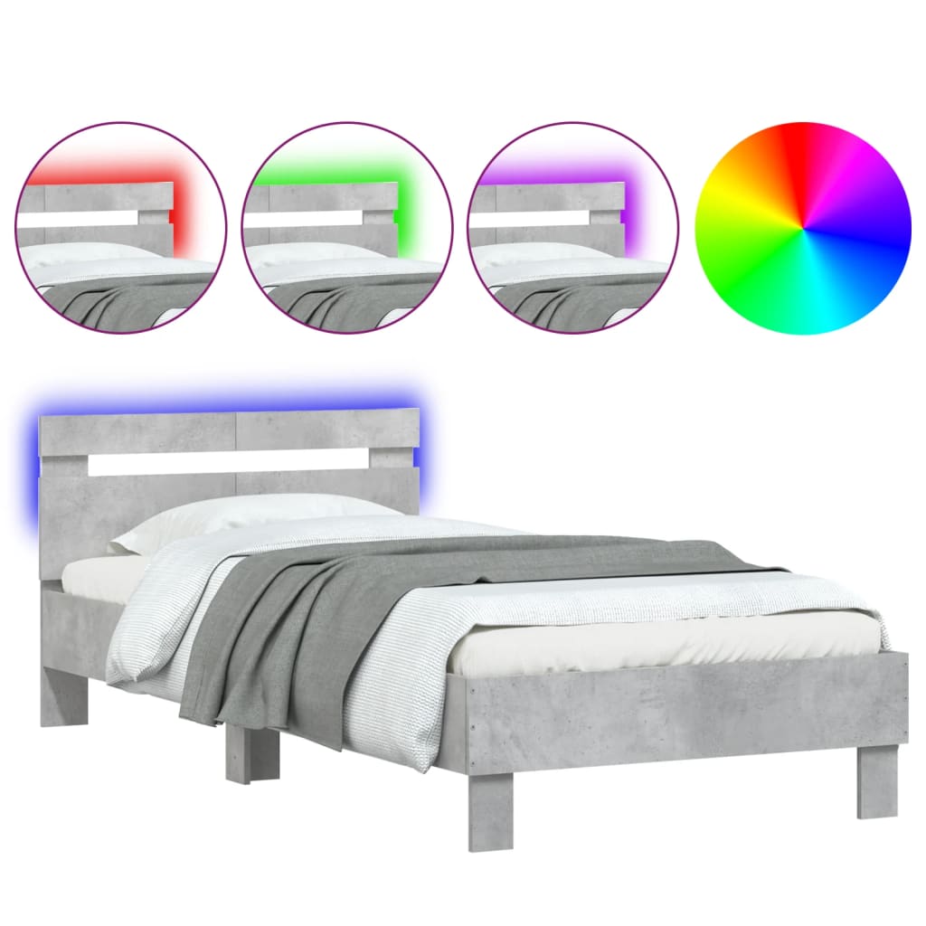 betonszürke ágykeret fejtámlával és LED-világítással 100x200 cm